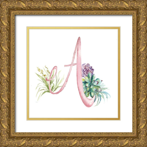 Watercolor Succulent Monogram A Gold Ornate Wood Framed Art Print with Double Matting by Tre Sorelle Studios