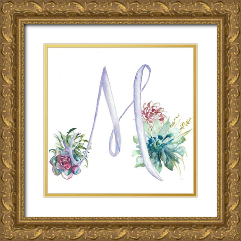 Watercolor Succulent Monogram M Gold Ornate Wood Framed Art Print with Double Matting by Tre Sorelle Studios