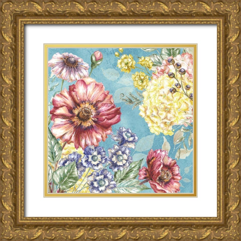 Wildflower Medley square blue I Gold Ornate Wood Framed Art Print with Double Matting by Tre Sorelle Studios