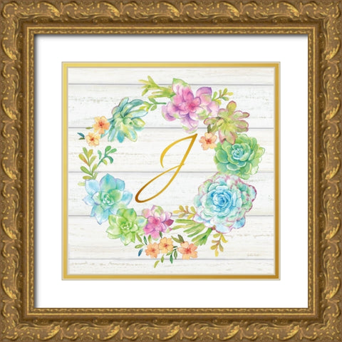 Sweet Succulents Wreath Monogram J gold Gold Ornate Wood Framed Art Print with Double Matting by Coulter, Cynthia