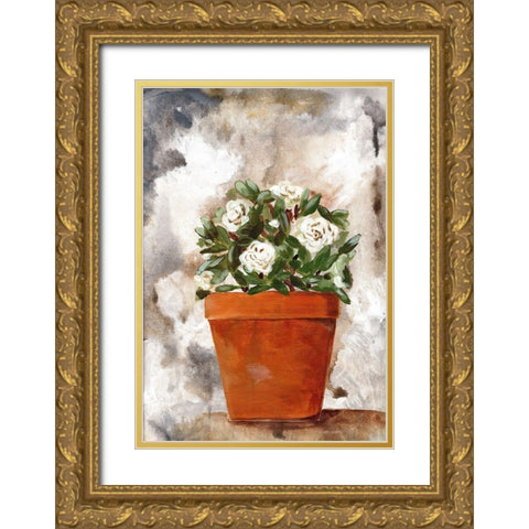 White Flower Clay Pot I Gold Ornate Wood Framed Art Print with Double Matting by Chapman, Marcy