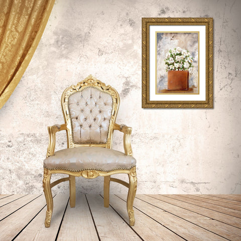 White Flower Clay Pot II Gold Ornate Wood Framed Art Print with Double Matting by Chapman, Marcy