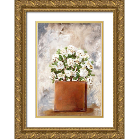 White Flower Clay Pot II Gold Ornate Wood Framed Art Print with Double Matting by Chapman, Marcy