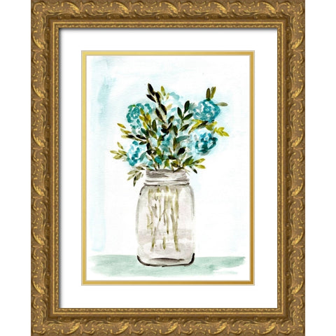 Blue Floral Mason Jar Gold Ornate Wood Framed Art Print with Double Matting by Chapman, Marcy
