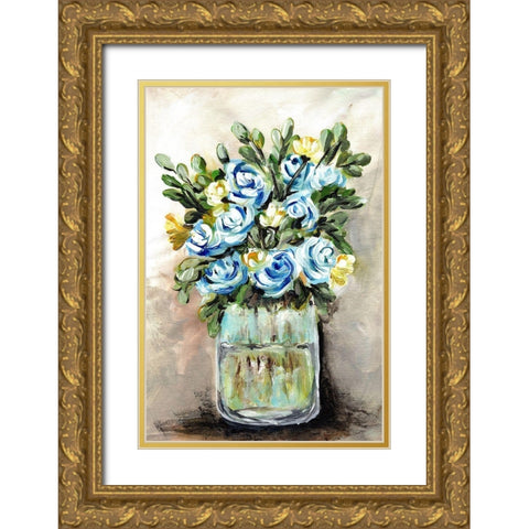 Blue and Yellow  Floral Mason Jar Gold Ornate Wood Framed Art Print with Double Matting by Chapman, Marcy