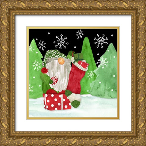 Gnome for Christmas IV-Gnome Stocking Gold Ornate Wood Framed Art Print with Double Matting by Reed, Tara