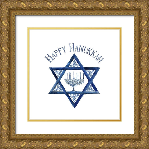 Festival of Lights III-Happy Hanukkah Gold Ornate Wood Framed Art Print with Double Matting by Reed, Tara