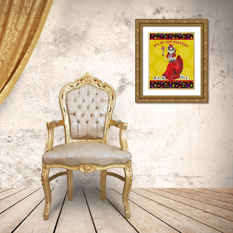 Day of the Dead portrait II-Dancing Woman on gold Gold Ornate Wood Framed Art Print with Double Matting by Reed, Tara