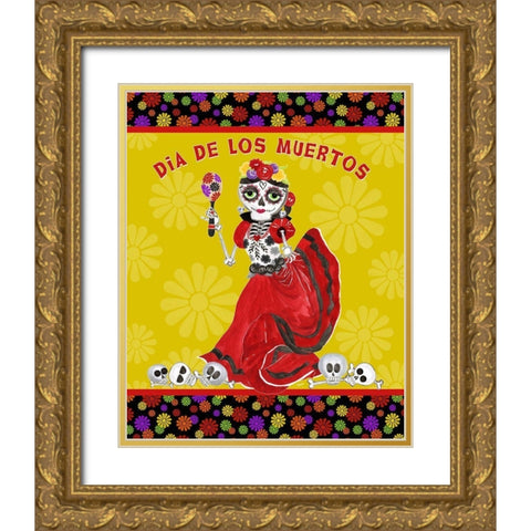 Day of the Dead portrait II-Dancing Woman on gold Gold Ornate Wood Framed Art Print with Double Matting by Reed, Tara