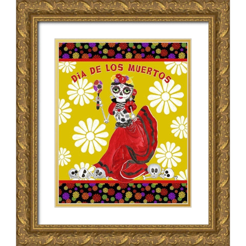 Day of the Dead portrait IV-Dancing Woman gold and white Gold Ornate Wood Framed Art Print with Double Matting by Reed, Tara