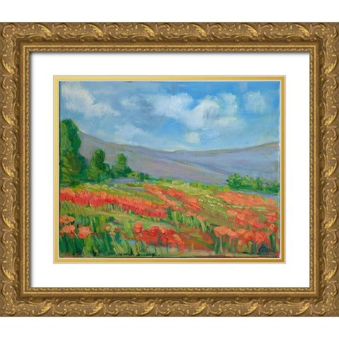 Field of Living Coral Gold Ornate Wood Framed Art Print with Double Matting by Fine, Alexi