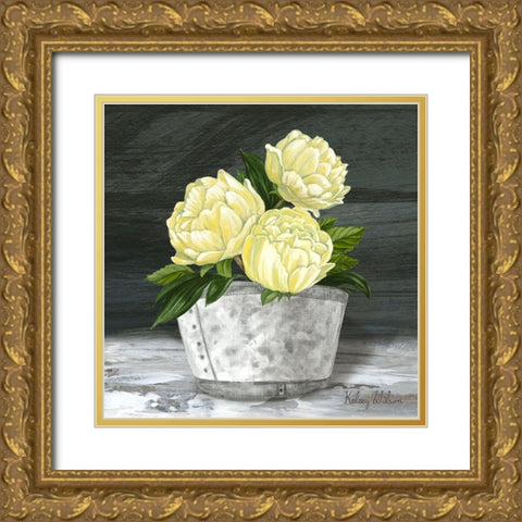 Farmhouse Garden square-Peonies Gold Ornate Wood Framed Art Print with Double Matting by Wilson, Kelsey
