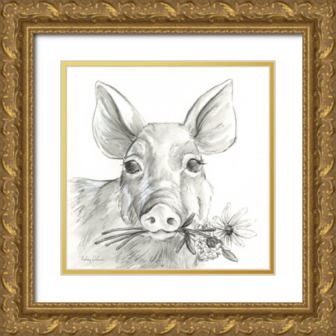 Watercolor  Pencil Farm I-Pig Gold Ornate Wood Framed Art Print with Double Matting by Wilson, Kelsey