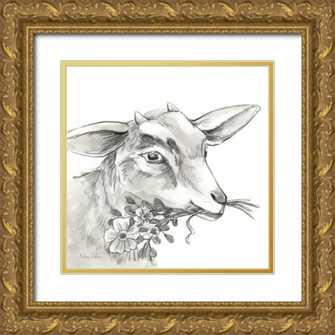 Watercolor  Pencil Farm IV-Goat Gold Ornate Wood Framed Art Print with Double Matting by Wilson, Kelsey
