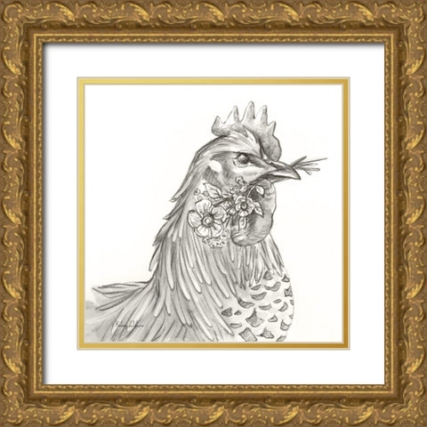 Watercolor  Pencil Farm VI-Rooster Gold Ornate Wood Framed Art Print with Double Matting by Wilson, Kelsey