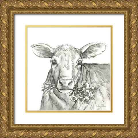 Watercolor  Pencil Farm VIII-Cow 2 Gold Ornate Wood Framed Art Print with Double Matting by Wilson, Kelsey
