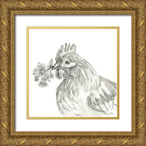Watercolor  Pencil Farm X-Hen Gold Ornate Wood Framed Art Print with Double Matting by Wilson, Kelsey