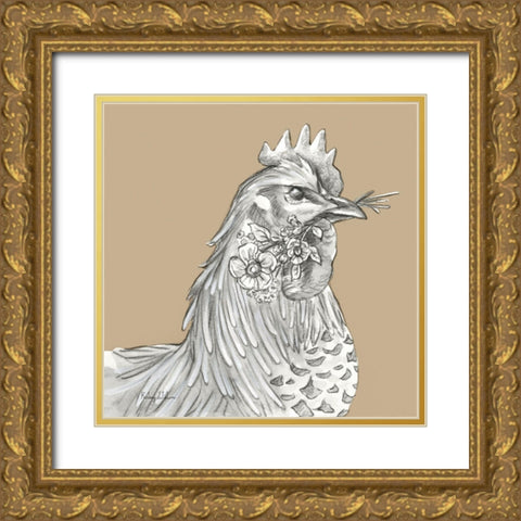 Watercolor  Pencil Farm color VI-Rooster Gold Ornate Wood Framed Art Print with Double Matting by Wilson, Kelsey