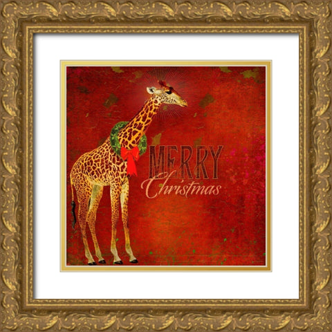 Colorful Christmas II-Giraffe Christmas Gold Ornate Wood Framed Art Print with Double Matting by Duirwaigh