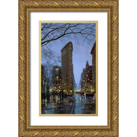 Flatiron  Rain Gold Ornate Wood Framed Art Print with Double Matting by Lushpin, E.