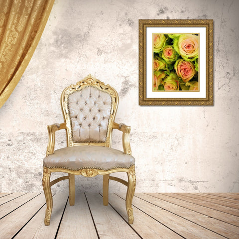 Green  And Pink Rose Bouquet Gold Ornate Wood Framed Art Print with Double Matting by Manelis, Jessica