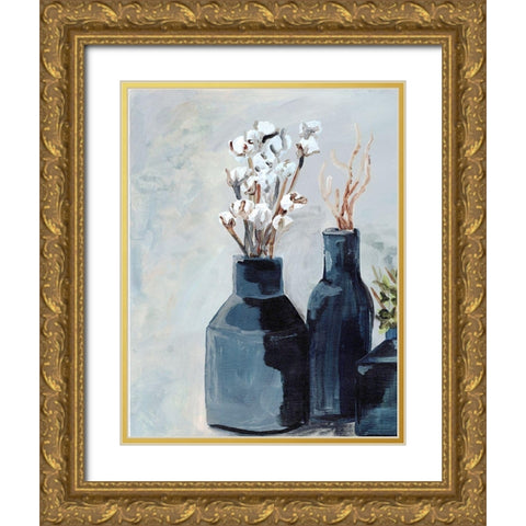 Cotton  Jar in navy Gold Ornate Wood Framed Art Print with Double Matting by Chapman, Marcy