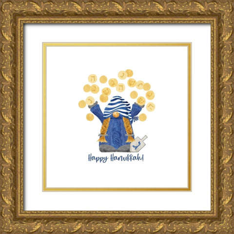 Hanukkah Gnomes IV-Throwing Gelt Gold Ornate Wood Framed Art Print with Double Matting by Reed, Tara