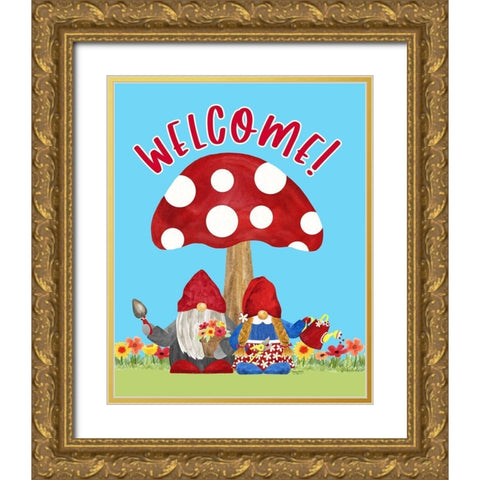 Gardening Gnomes Sentiment portrait II-Welcome Gold Ornate Wood Framed Art Print with Double Matting by Reed, Tara