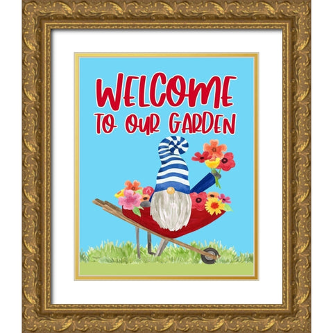 Gardening Gnomes Sentiment portrait V-Our Garden Gold Ornate Wood Framed Art Print with Double Matting by Reed, Tara