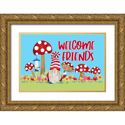 Gardening Gnomes landscape III-Welcome Friends Gold Ornate Wood Framed Art Print with Double Matting by Reed, Tara