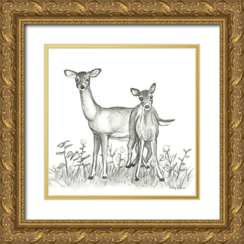 Watercolor Pencil Forest X-Deer Family Gold Ornate Wood Framed Art Print with Double Matting by Wilson, Kelsey