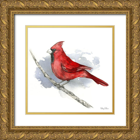 Birds And Branches I-Cardinal Gold Ornate Wood Framed Art Print with Double Matting by Wilson, Kelsey