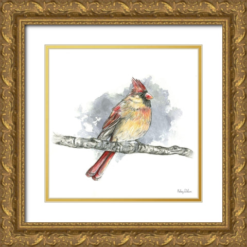 Birds And Branches II-Female Cardinal Gold Ornate Wood Framed Art Print with Double Matting by Wilson, Kelsey