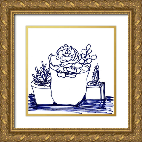 Hand Sketch Succulents blue Gold Ornate Wood Framed Art Print with Double Matting by Chapman, Marcy