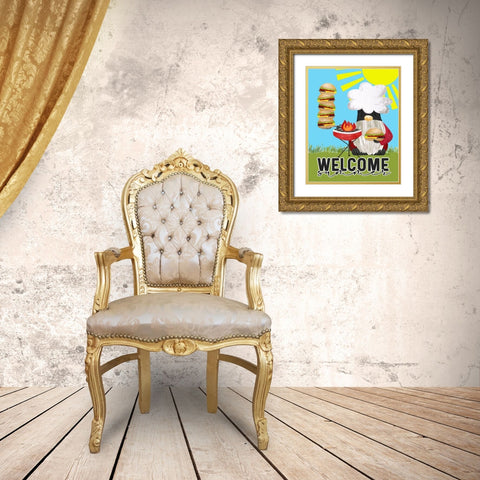 Gnome Grill Masters sentiment portrait II-Welcome Gold Ornate Wood Framed Art Print with Double Matting by Reed, Tara
