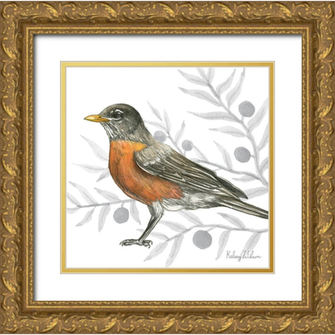 Backyard Birds VI-Robin Gold Ornate Wood Framed Art Print with Double Matting by Wilson, Kelsey