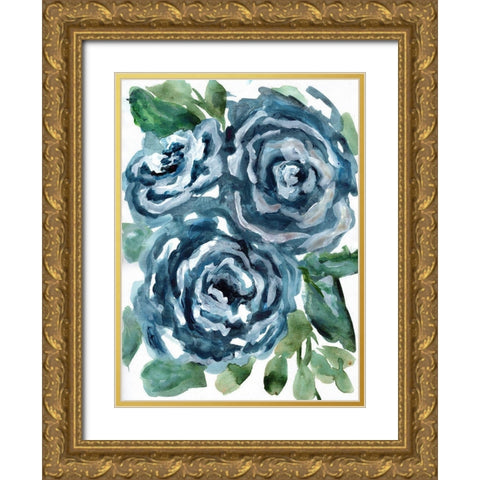Gentle Roses Blue Gold Ornate Wood Framed Art Print with Double Matting by Chapman, Marcy