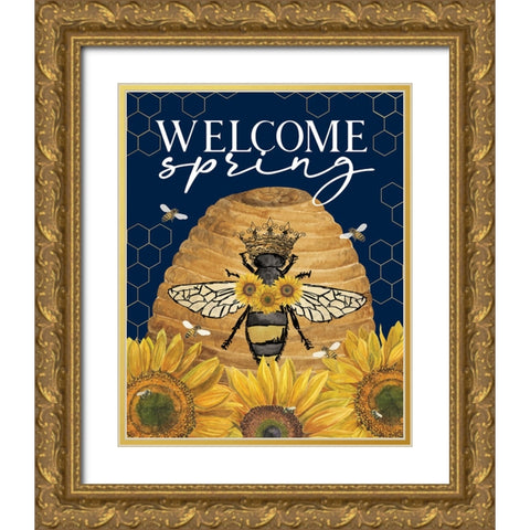 Honey Bees And Flowers Please portrait III-Welcome Spring Gold Ornate Wood Framed Art Print with Double Matting by Reed, Tara