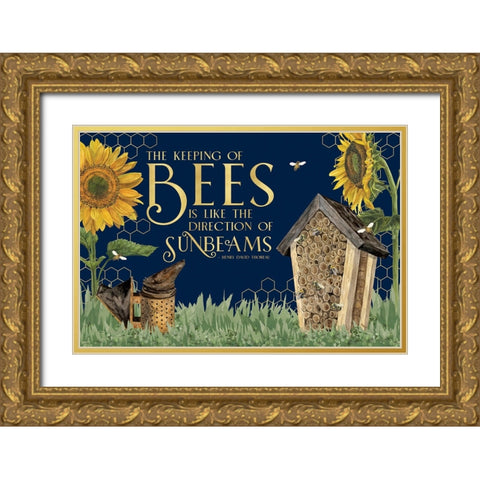 Honey Bees And Flowers Please landscape on blue IV-Sunbeams Gold Ornate Wood Framed Art Print with Double Matting by Reed, Tara