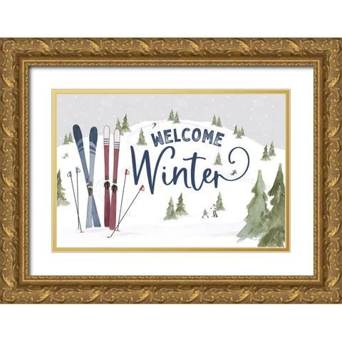 Winter Mountain Getaway landscape III-Welcome Winter Gold Ornate Wood Framed Art Print with Double Matting by Tara Reed