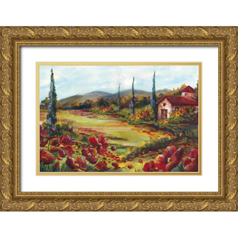 Tuscan Poppy Landscape  Gold Ornate Wood Framed Art Print with Double Matting by Tre Sorelle Studios