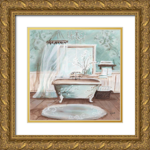 Aqua Blossom Bath II  Gold Ornate Wood Framed Art Print with Double Matting by Tre Sorelle Studios