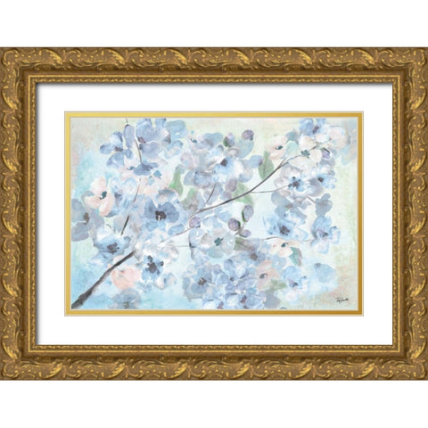 Watercolor Blue Blossoms Landscape Gold Ornate Wood Framed Art Print with Double Matting by Tre Sorelle Studios