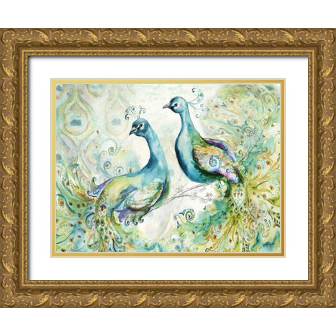 Bohemian Peacocks Landscape Gold Ornate Wood Framed Art Print with Double Matting by Tre Sorelle Studios