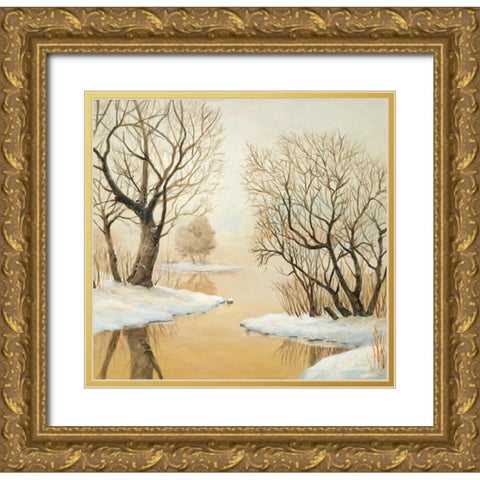 Winter Lake Square Gold Ornate Wood Framed Art Print with Double Matting by Fisk, Arnie