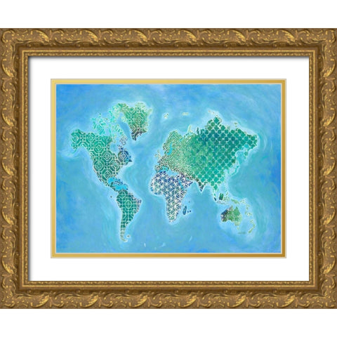 Global Patterned World Map Gold Ornate Wood Framed Art Print with Double Matting by Fisk, Arnie
