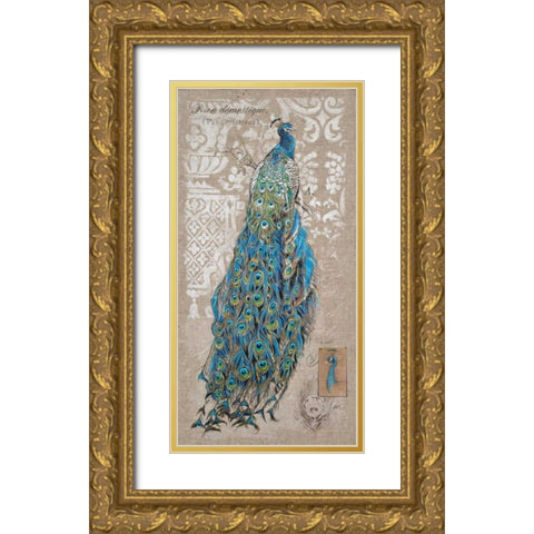 Peacock on Linen 1 Gold Ornate Wood Framed Art Print with Double Matting by Barrett, Chad