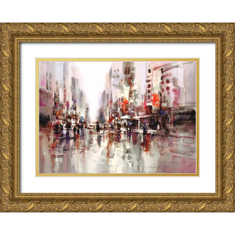 City Rain 1 Gold Ornate Wood Framed Art Print with Double Matting by Heighton, Brent