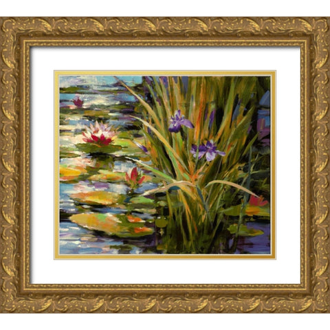 Pond Iris Gold Ornate Wood Framed Art Print with Double Matting by Heighton, Brent