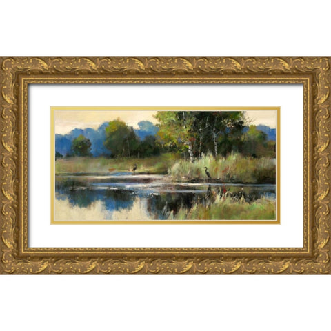 Heron Landscape Panel Gold Ornate Wood Framed Art Print with Double Matting by Heighton, Brent